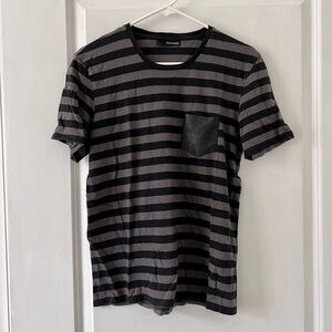 The Kooples Stripped Cotton&Wool Tee with Real Leather Pocket